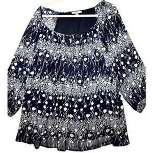 Roz & Ali Blue Floral Graphic‎ Tunic Top Lined Chiffon Plus Sz 3X art fairy Boho